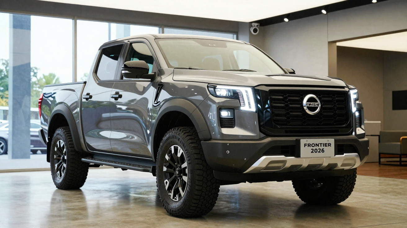 Picape Nissan Frontier 2026 cinza em exposição em ambiente interno moderno e iluminado.