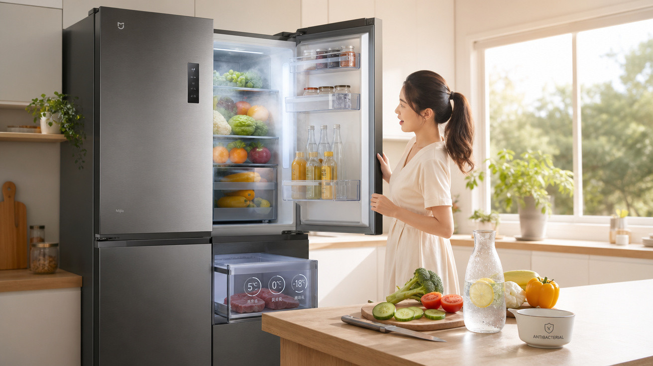 Mulher em cozinha moderna abrindo geladeira inox repleta de frutas e vegetais frescos.