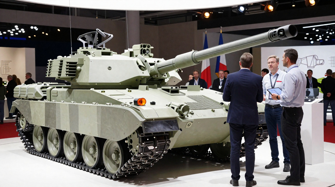 Tanque militar moderno em exibição com três homens em traje formal discutindo ao lado.