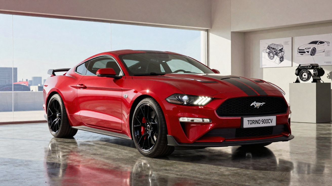 Carro esportivo vermelho Ford Mustang Torino 900CV em exposição interna com luz natural.