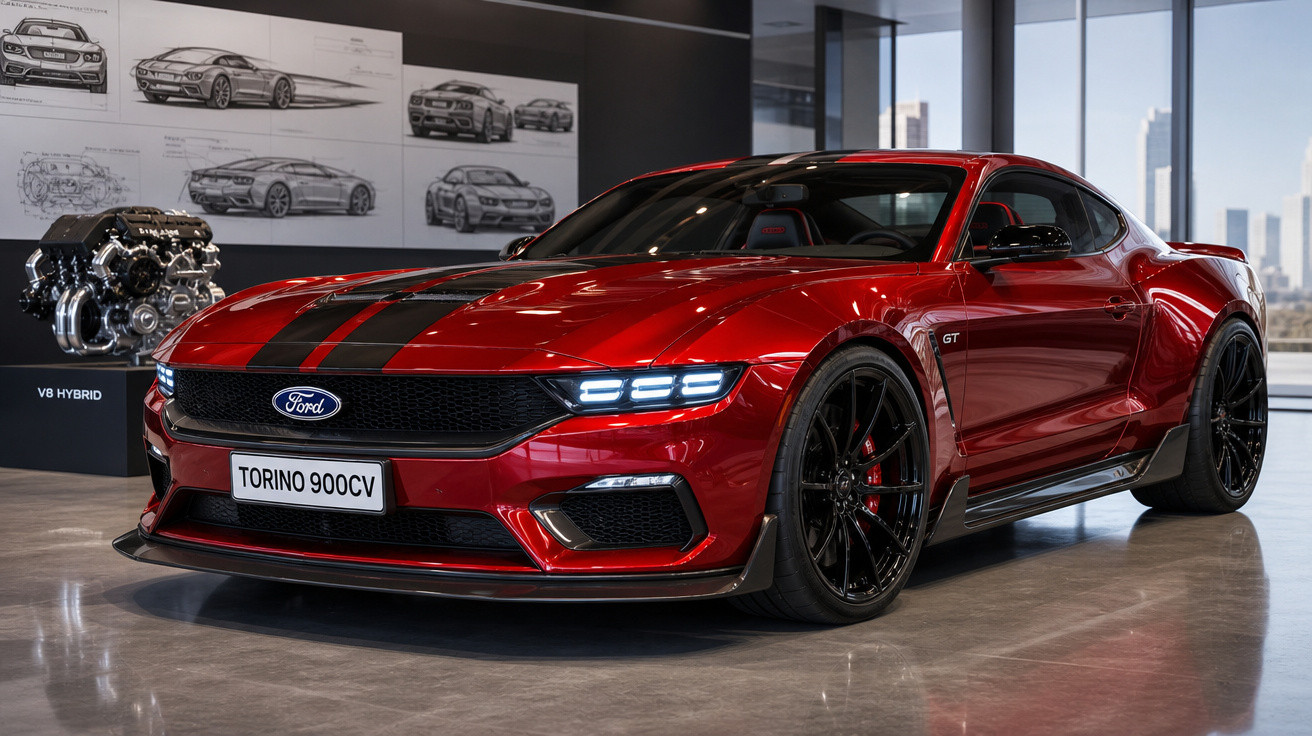 Carro esportivo Ford Torino vermelho com faixa preta estacionado em showroom moderno.