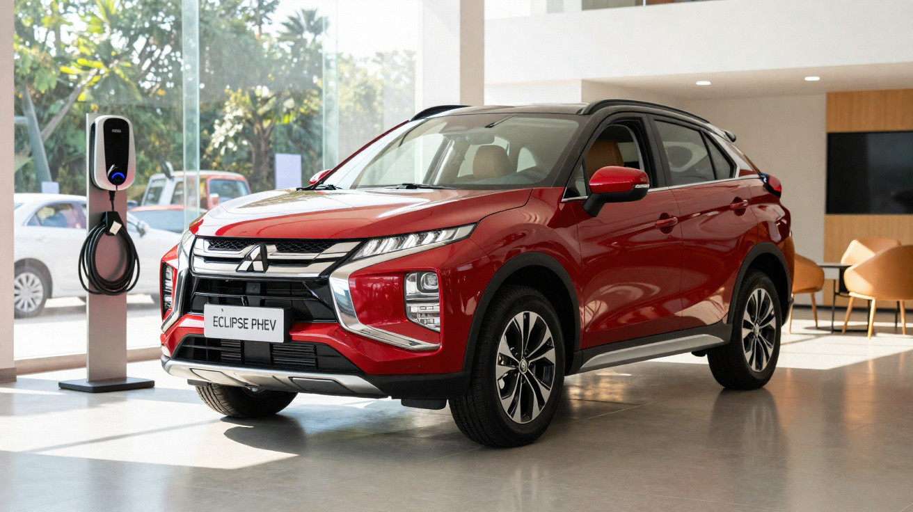 Carro SUV vermelho Mitsubishi Eclipse PHEV estacionado ao lado de estação de recarga elétrica em showroom.