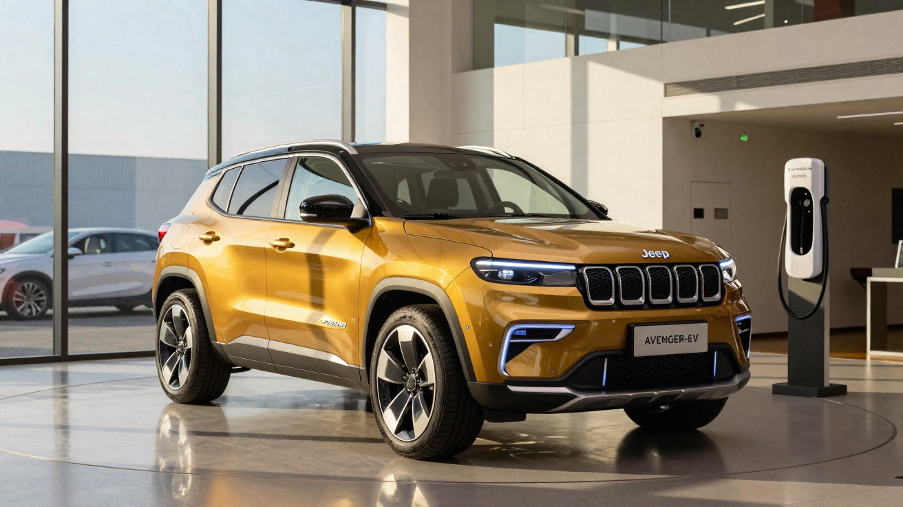 Jeep Avenger-EV amarelo em showroom moderno com carregador de carro elétrico ao lado.