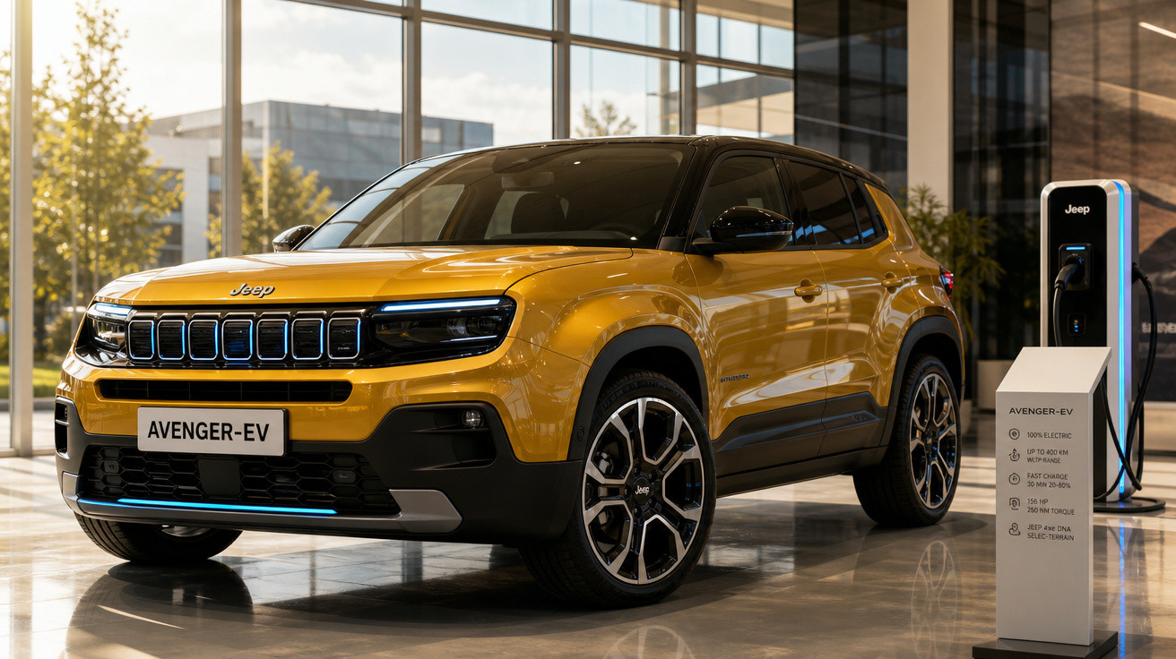 Carro Jeep Avenger-EV amarelo estacionado ao lado de carregador elétrico em showroom moderno.