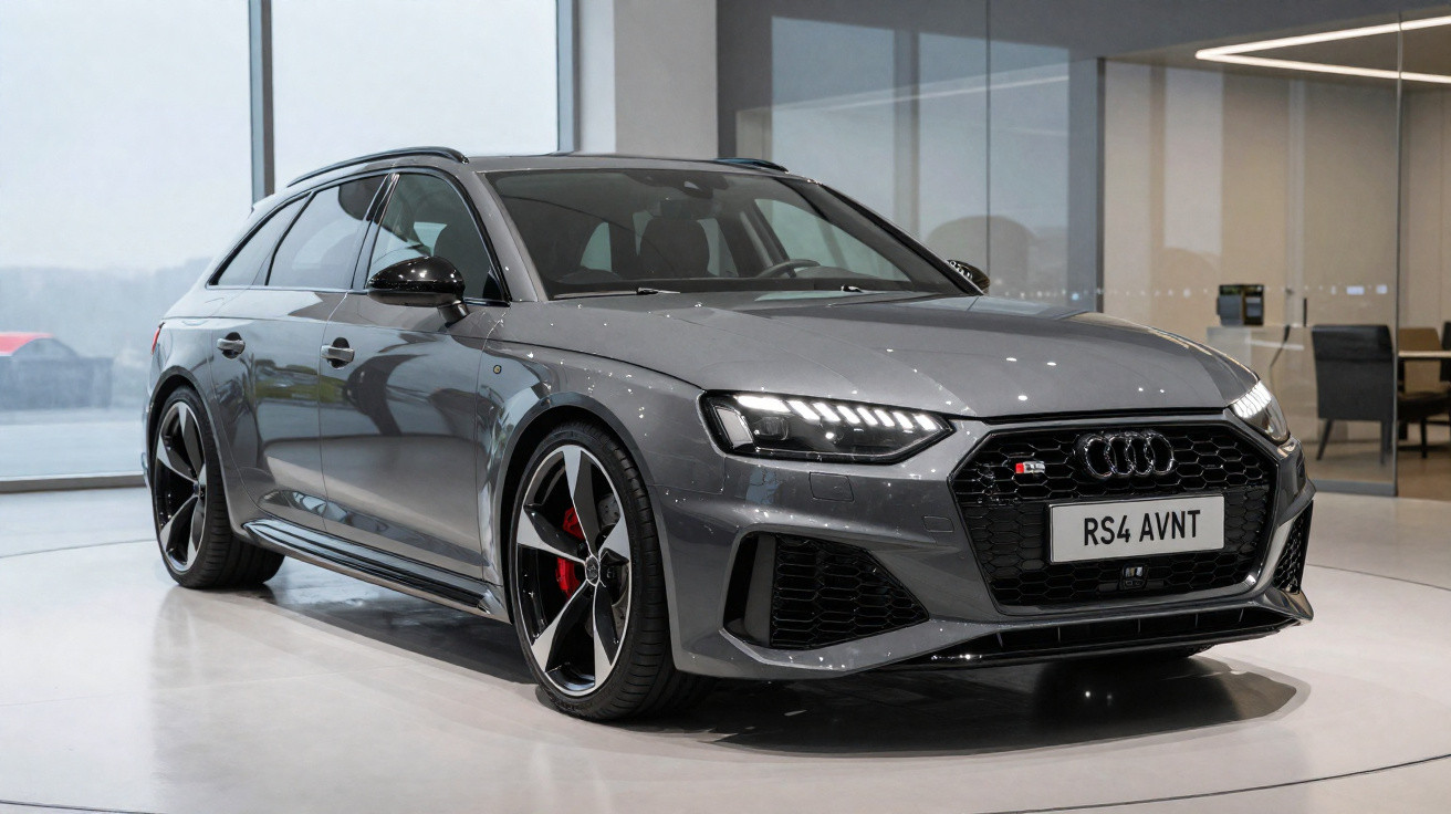 Carro esportivo Audi RS4 Avant cinza em exposição interna, com design moderno e rodas pretas grandes.