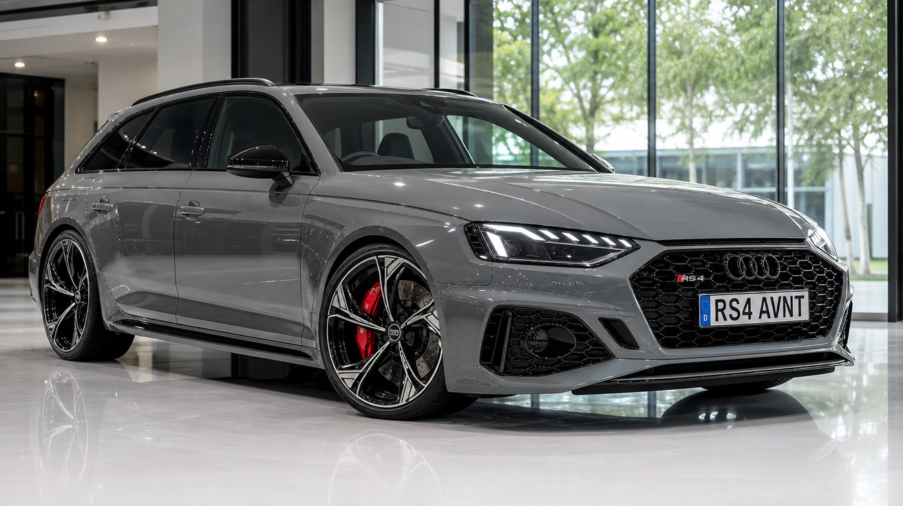 Carro esportivo Audi RS4 Avant cinza estacionado em ambiente interno com rodas pretas e vermelhas.