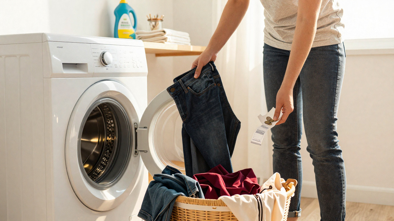 Pessoa colocando calça jeans na máquina de lavar ao lado de cesto com roupas sujas em ambiente doméstico.