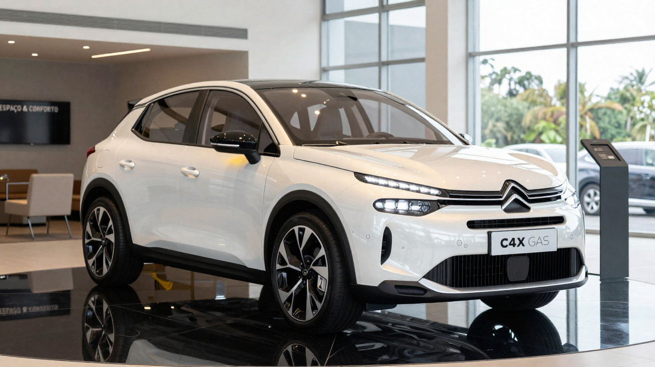 Carro branco Citroën C4X GAS exposto em showroom moderno com grandes janelas de vidro ao fundo.