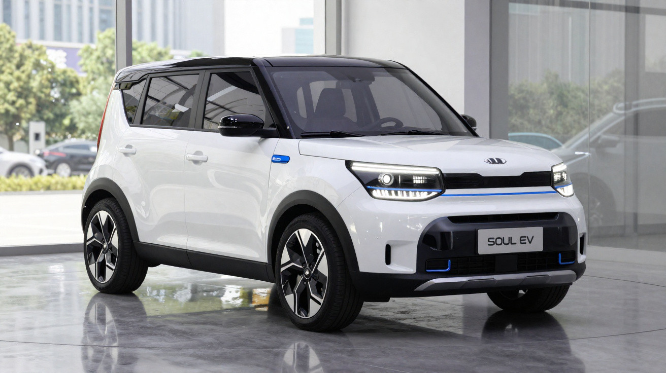 Carro elétrico Kia Soul EV branco estacionado em ambiente interno com teto preto e rodas estilizadas.