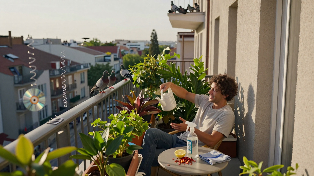 Homem regando plantas em varanda ensolarada com pombos no parapeito e produtos de limpeza na mesa.