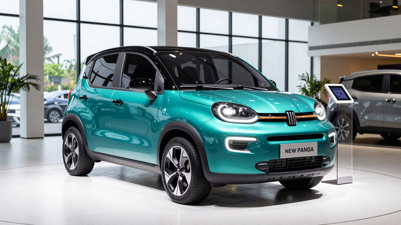 Carro compacto Fiat New Panda verde com teto preto em exposição dentro de loja moderna.