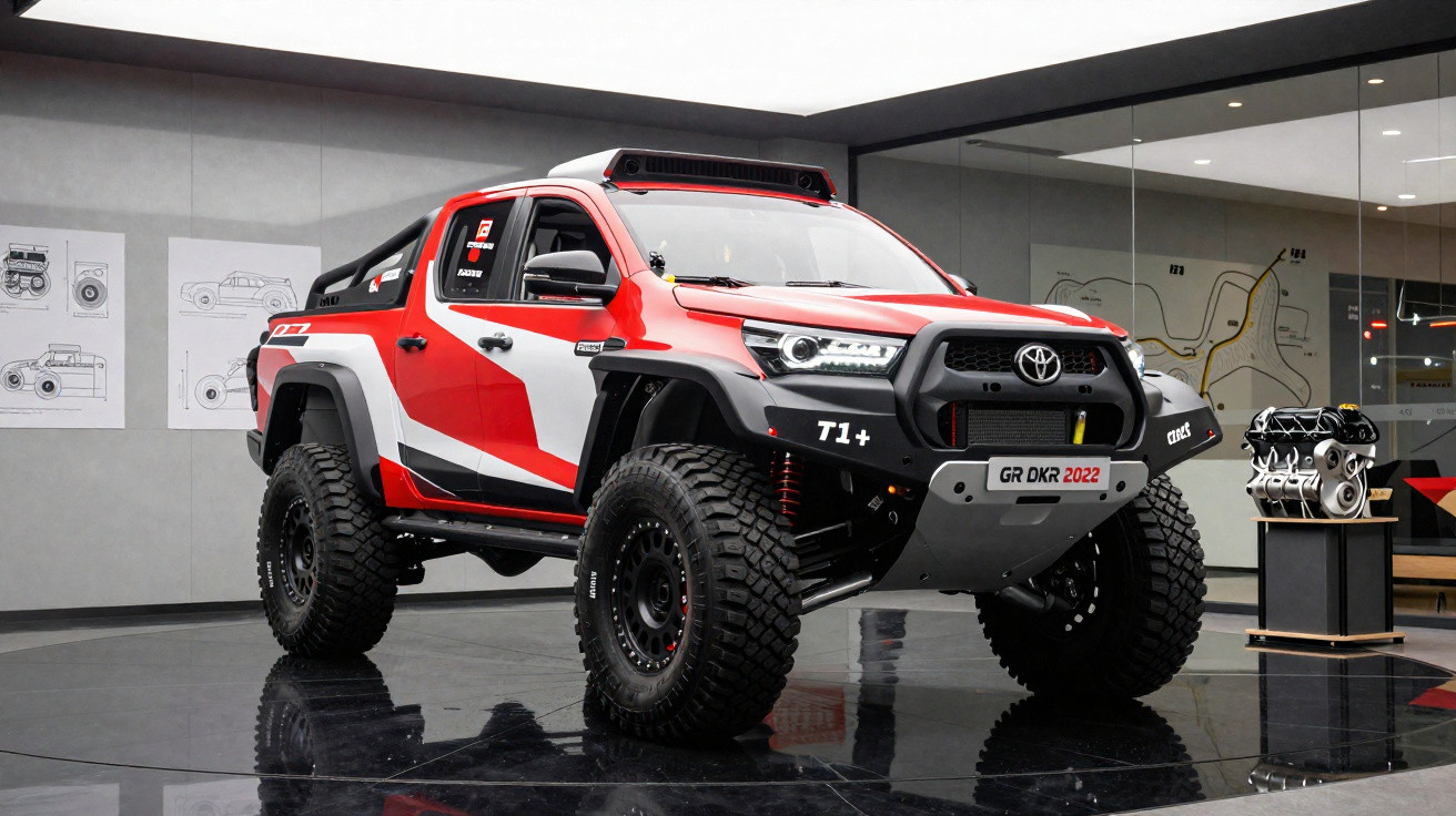 Picape Toyota Hilux off-road vermelha com detalhes pretos exposta em ambiente moderno.
