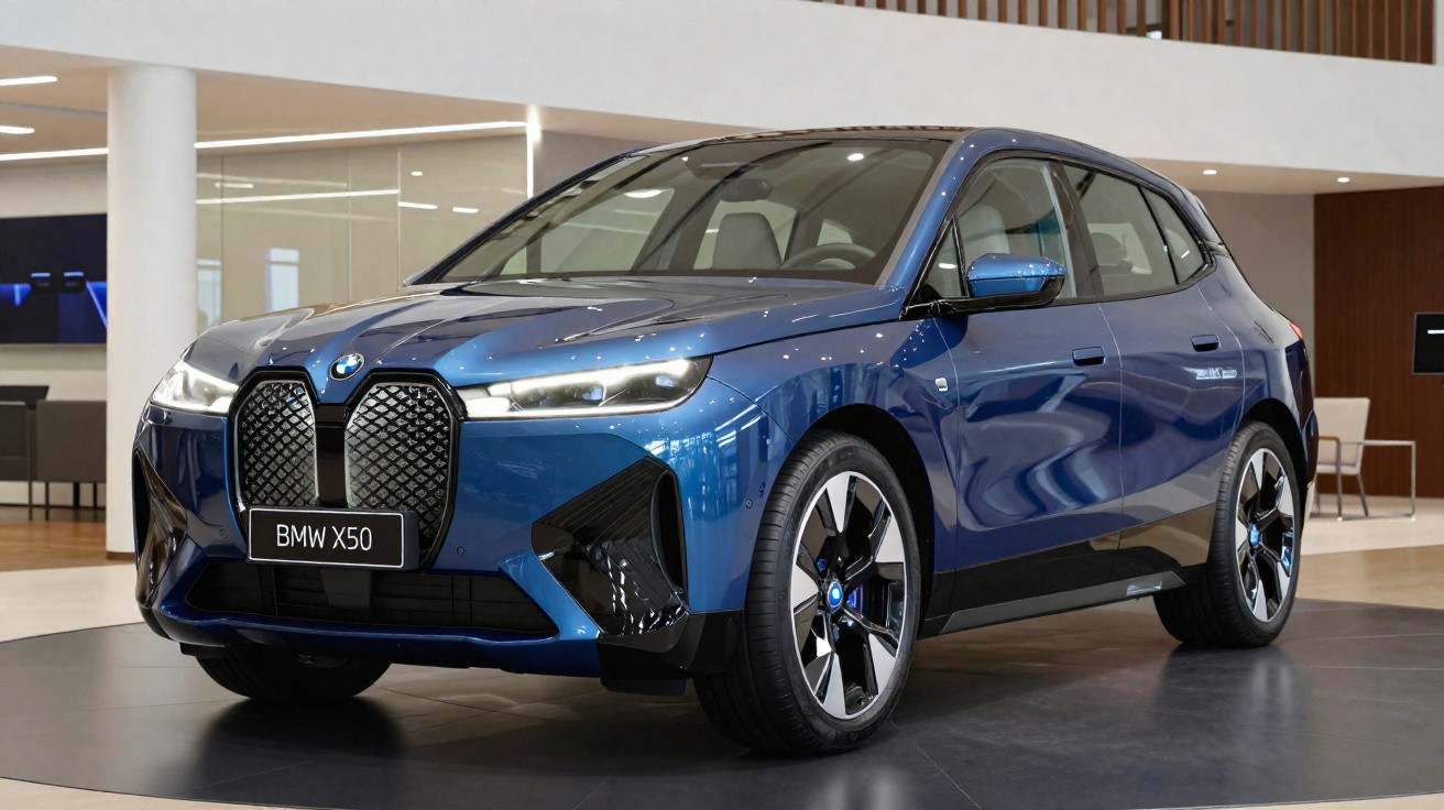 Carro azul BMW X50 estacionado em ambiente interno moderno, vista frontal esquerdo.