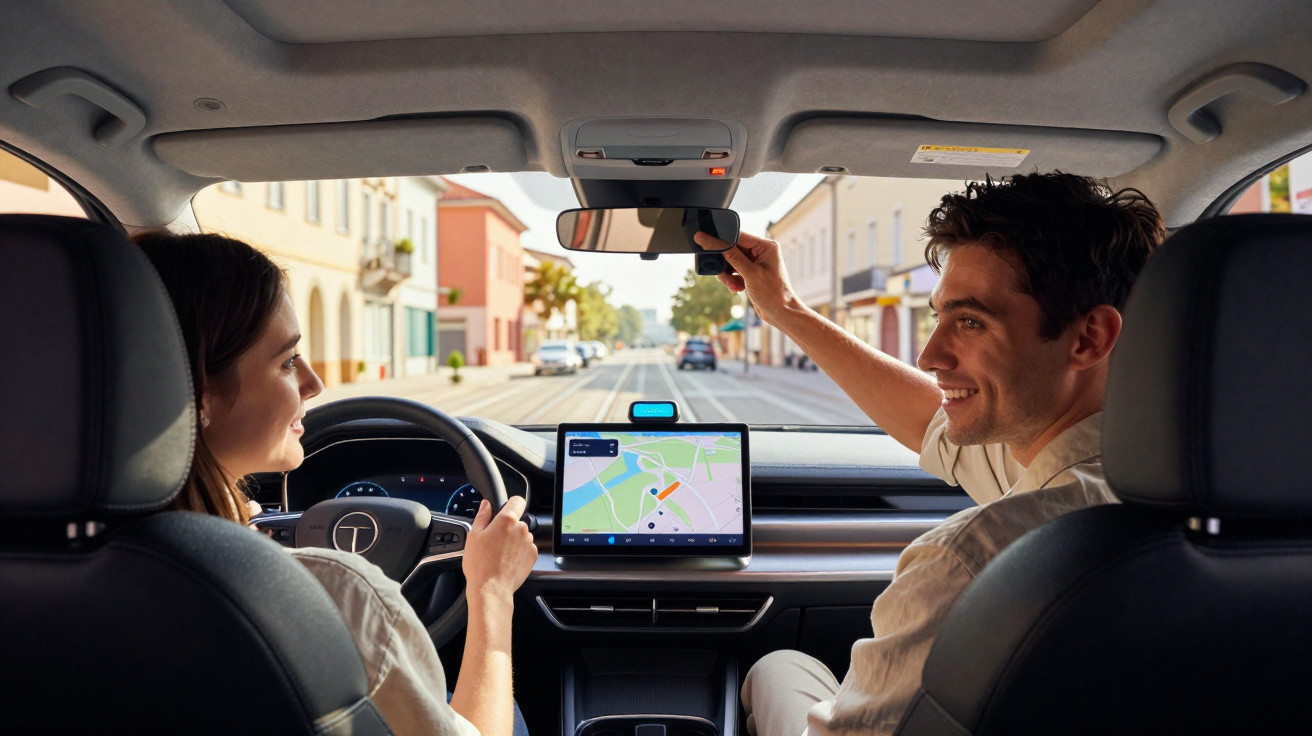 Casal sorridente dentro de carro, homem ajusta espelho retrovisor, mulher dirige com GPS na tela.