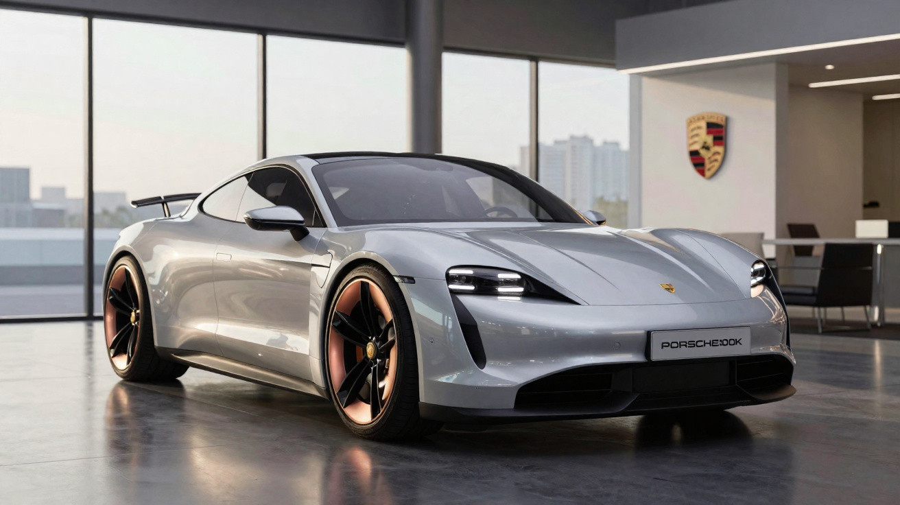 Carro esportivo prata Porsche Taycan Turbo S estacionado em showroom moderno com logo da Porsche na parede.