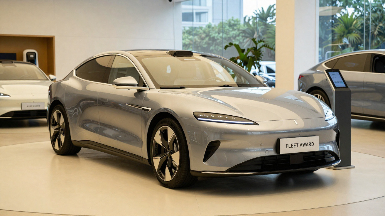 Carro elétrico cinza exibido em showroom moderno com placas e brilho refletido no chão claro.