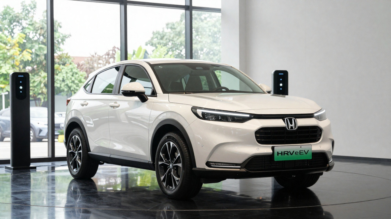 Carro elétrico Honda HR-V e:EV branco em sala de exibição com estação de recarga ao fundo.
