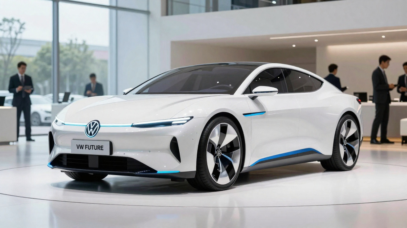 Carro elétrico VW Future branco exibido em salão moderno com pessoas ao fundo.