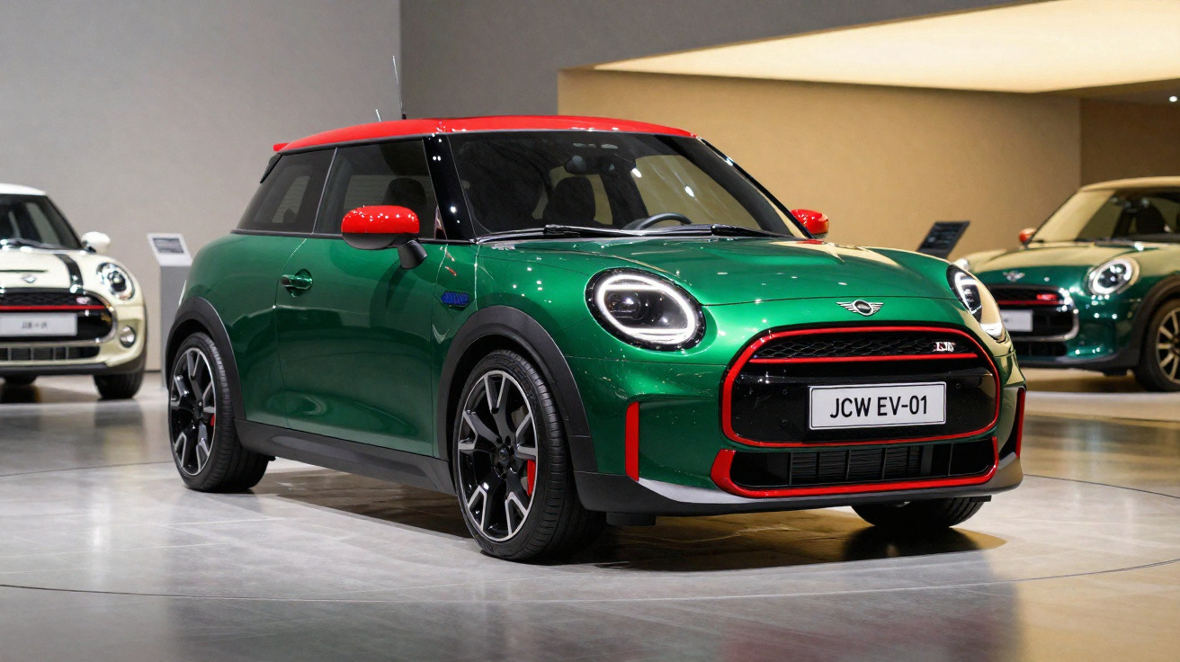 Carro elétrico MINI JCW EV-01 verde com detalhes vermelhos exposto em showroom moderno.