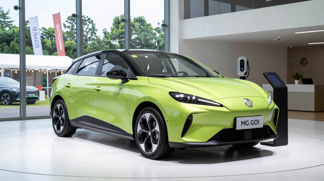Carro elétrico MG GO! verde-limão exposto em showroom com estação de recarga ao fundo.