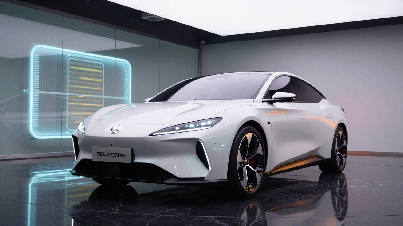 Carro esportivo elétrico branco modelo Solocore em exposição interna moderna com luzes de LED.