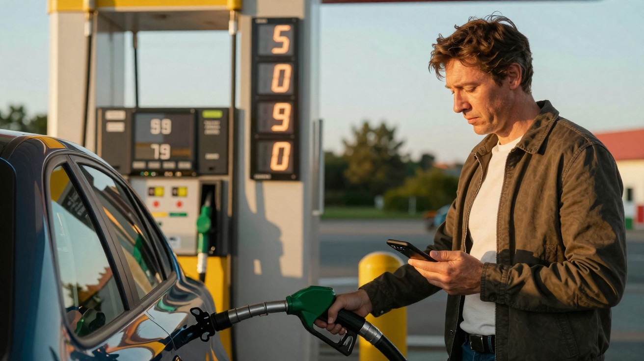 Homem abastecendo carro em posto de gasolina enquanto usa celular ao pôr do sol.