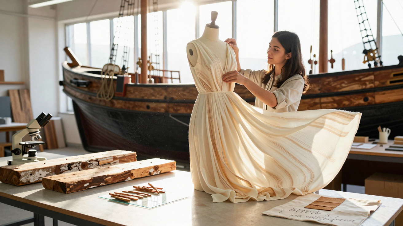Mulher ajusta vestido claro em manequim dentro de ateliê com barco ao fundo.