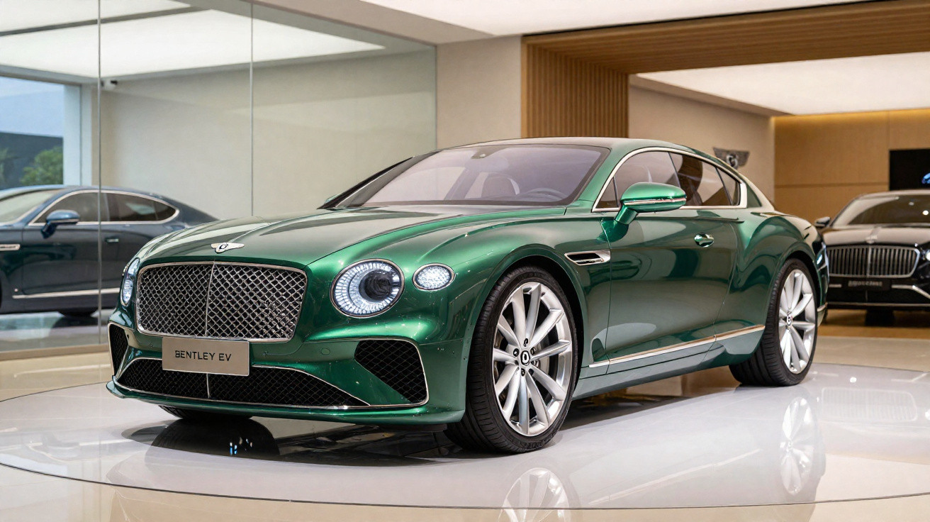 Carro elétrico Bentley EV verde exposto em showroom moderno com iluminação elegante e piso branco brilhante.