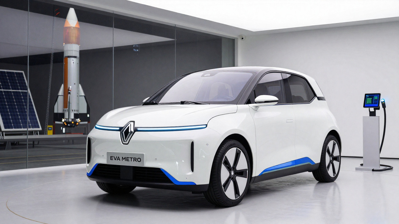 Carro elétrico branco Renault EVA Metro em exposição com painel solar e foguete ao fundo.