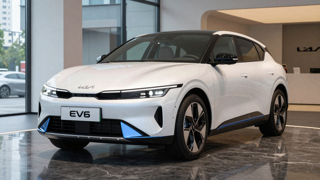 Carro elétrico branco Kia EV6 estacionado em showroom com vidros escuros e detalhes em azul.