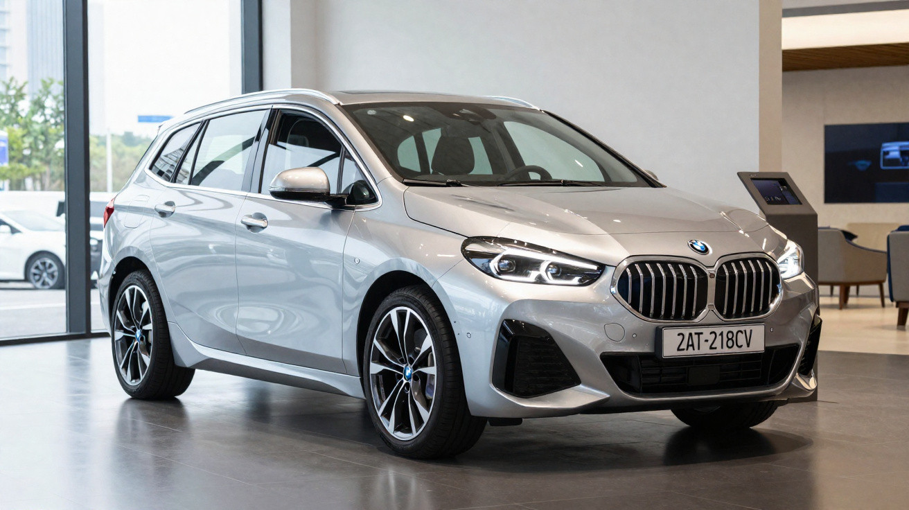 Carro BMW prata estacionado em showroom moderno com luz natural entrando pela janela.