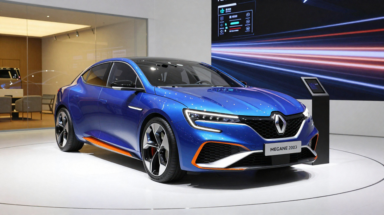 Carro esportivo azul Renault Megane 2003 exposto em salão com detalhes em laranja e rodas pretas.