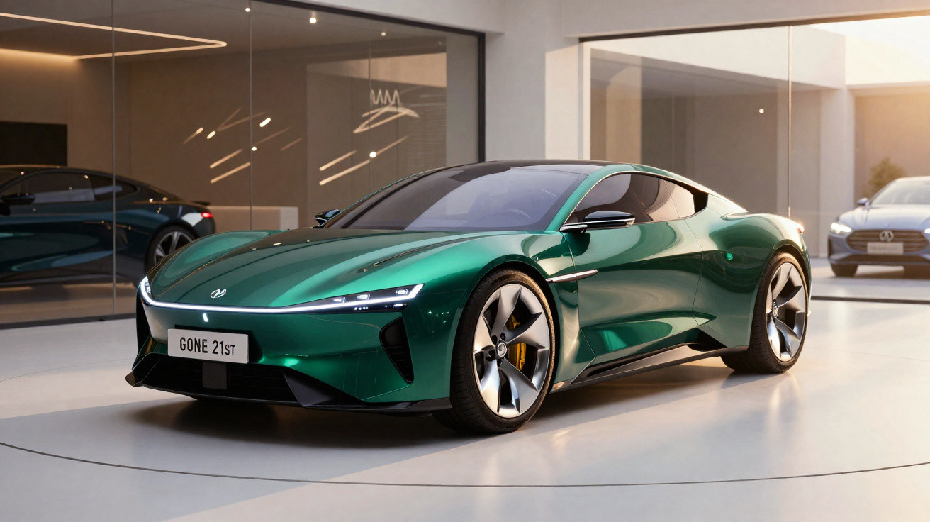 Carro esportivo elétrico verde metálico em showroom moderno com vidro e iluminação suave.