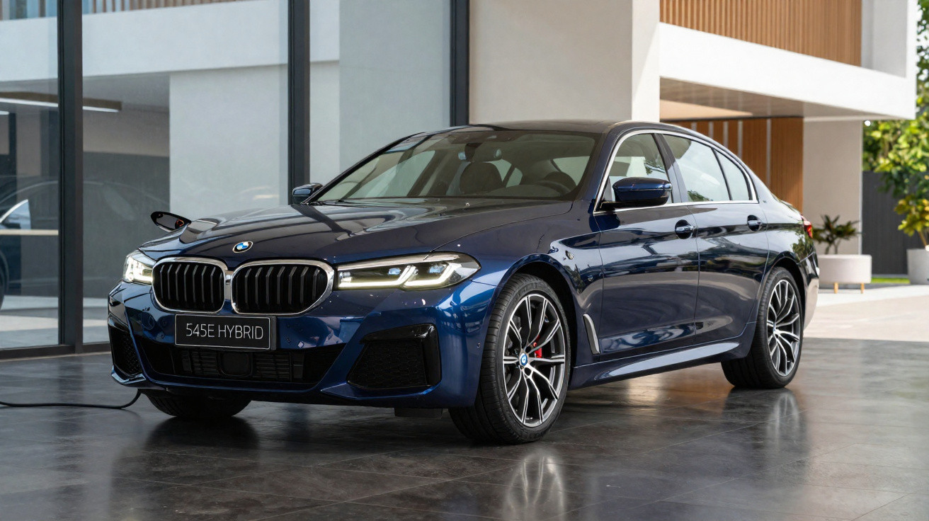 Carro azul BMW 545E Hybrid estacionado em garagem moderna com paredes de vidro e piso cinza.