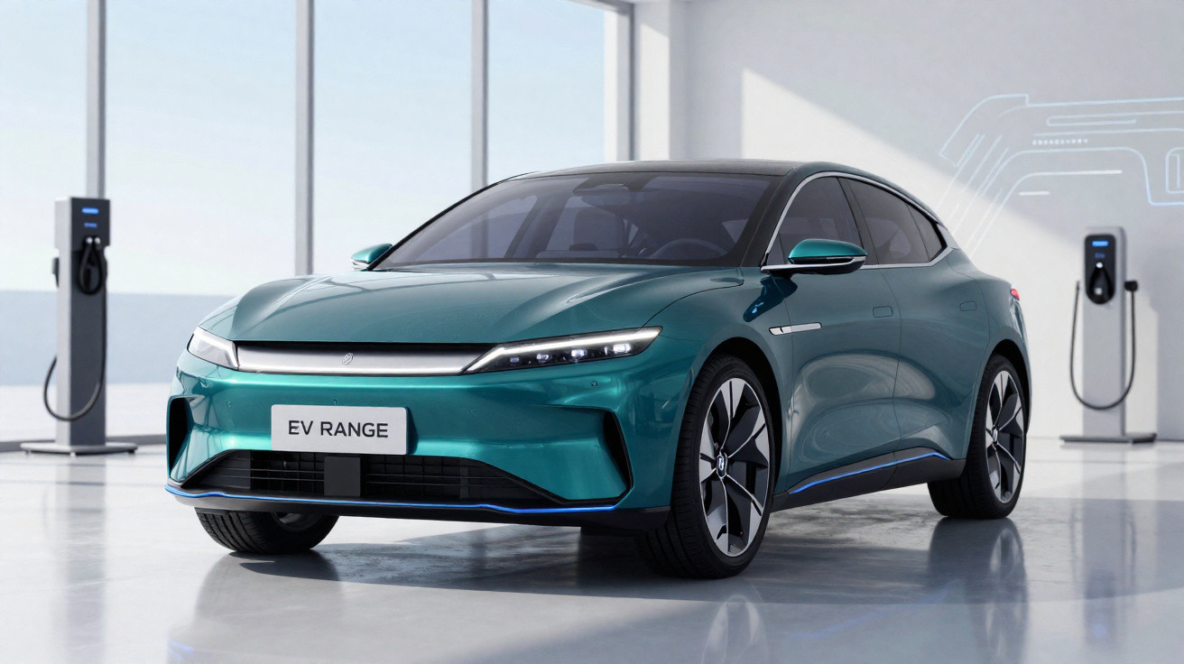 Carro elétrico verde metálico moderno estacionado em ambiente interno com estações de recarga ao fundo.