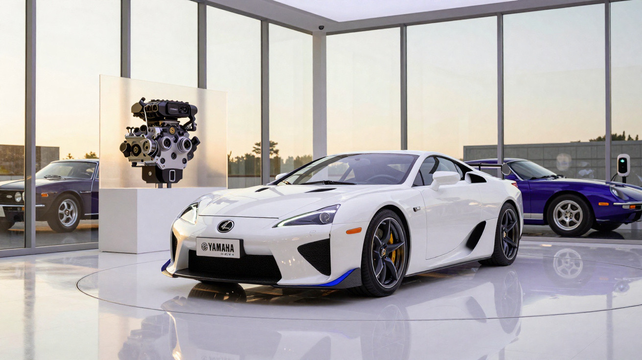 Carro esportivo branco Lexus com motor Yamaha em exposição em ambiente moderno com paredes de vidro.