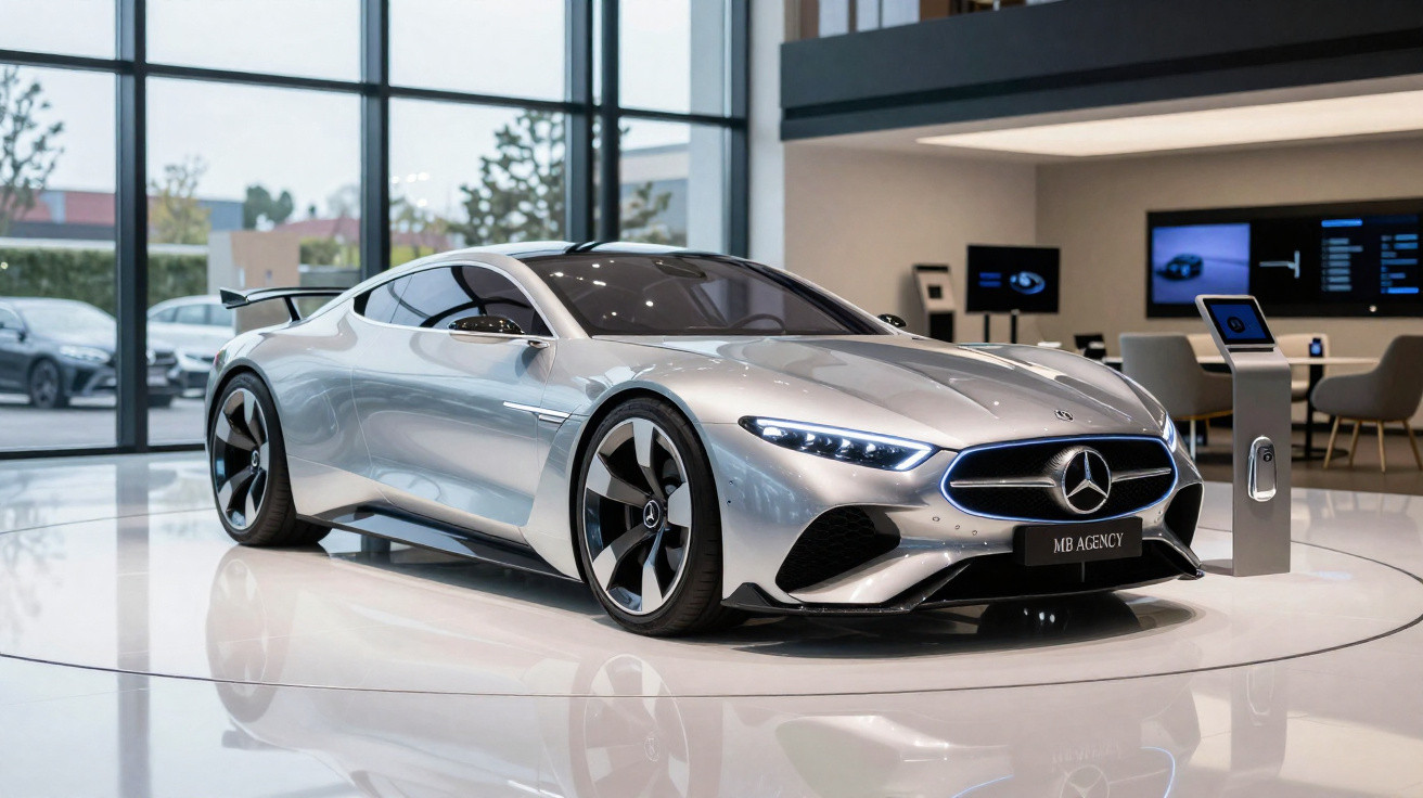 Carro esportivo prata Mercedes-Benz exposto em showroom moderno com grandes janelas e piso branco.