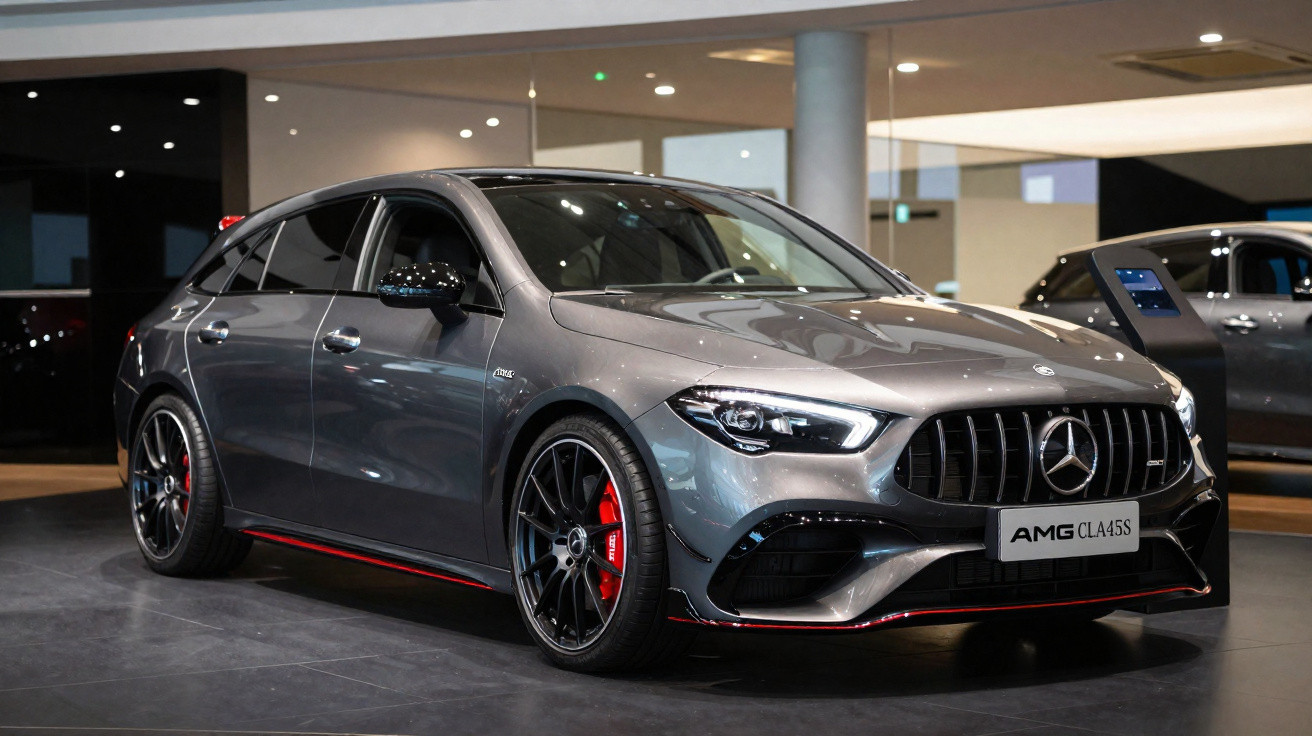 Carro esportivo Mercedes-Benz AMG CLA 45S cinza exibido em showroom com detalhes em vermelho nas rodas e para-choque.