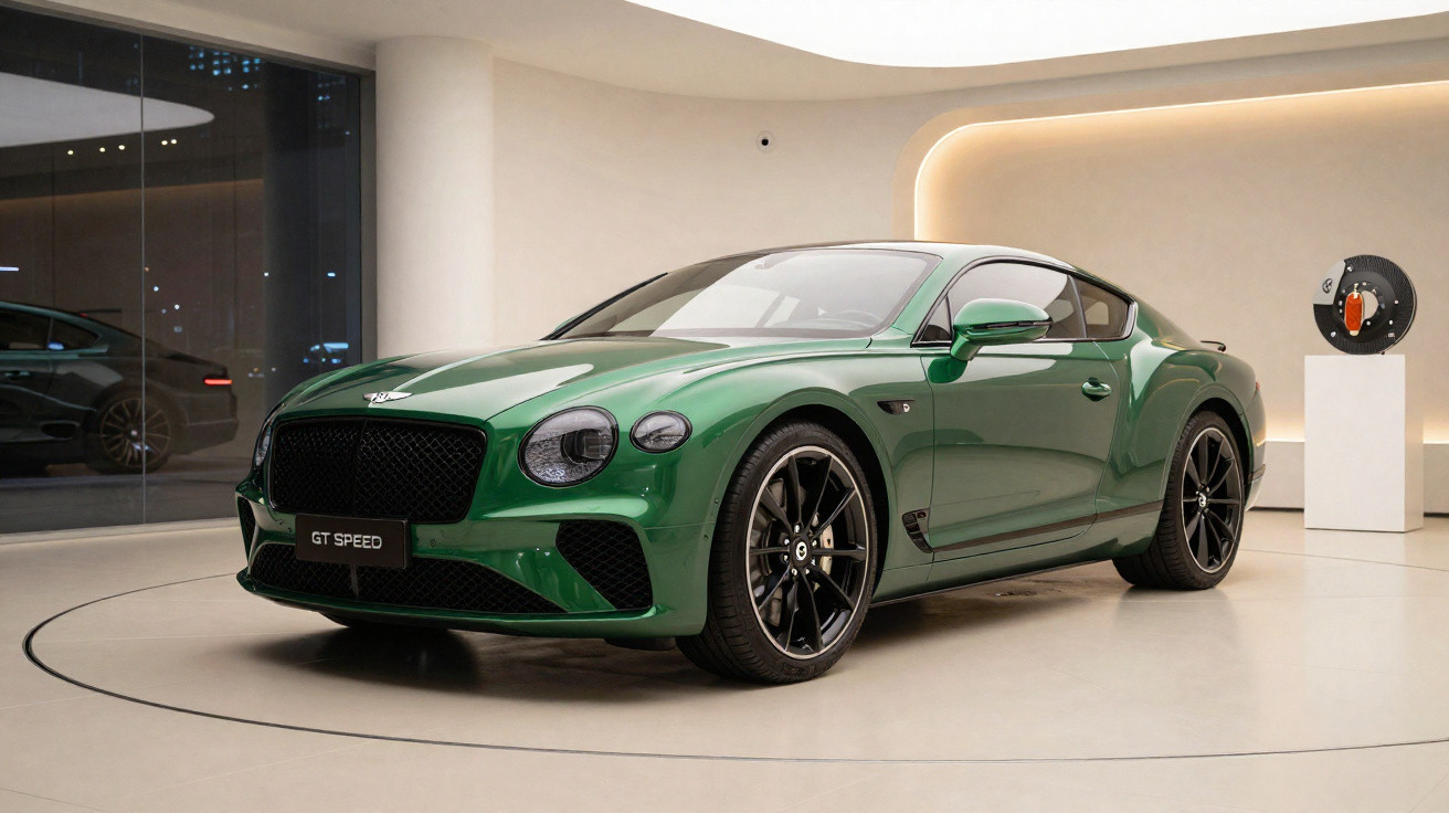 Carro esportivo Bentley GT Speed verde exibido em showroom moderno e iluminado.