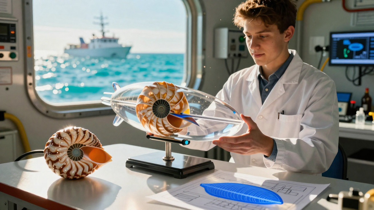 Jovem cientista em laboratório marítimo analisa modelo de navio inspirado em concha náutica.