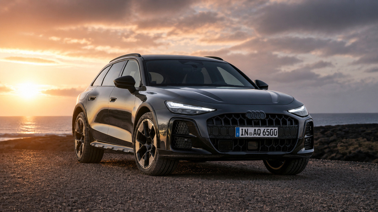 Carro Audi preto estacionado em estrada de terra com pôr do sol ao fundo e céu com nuvens.