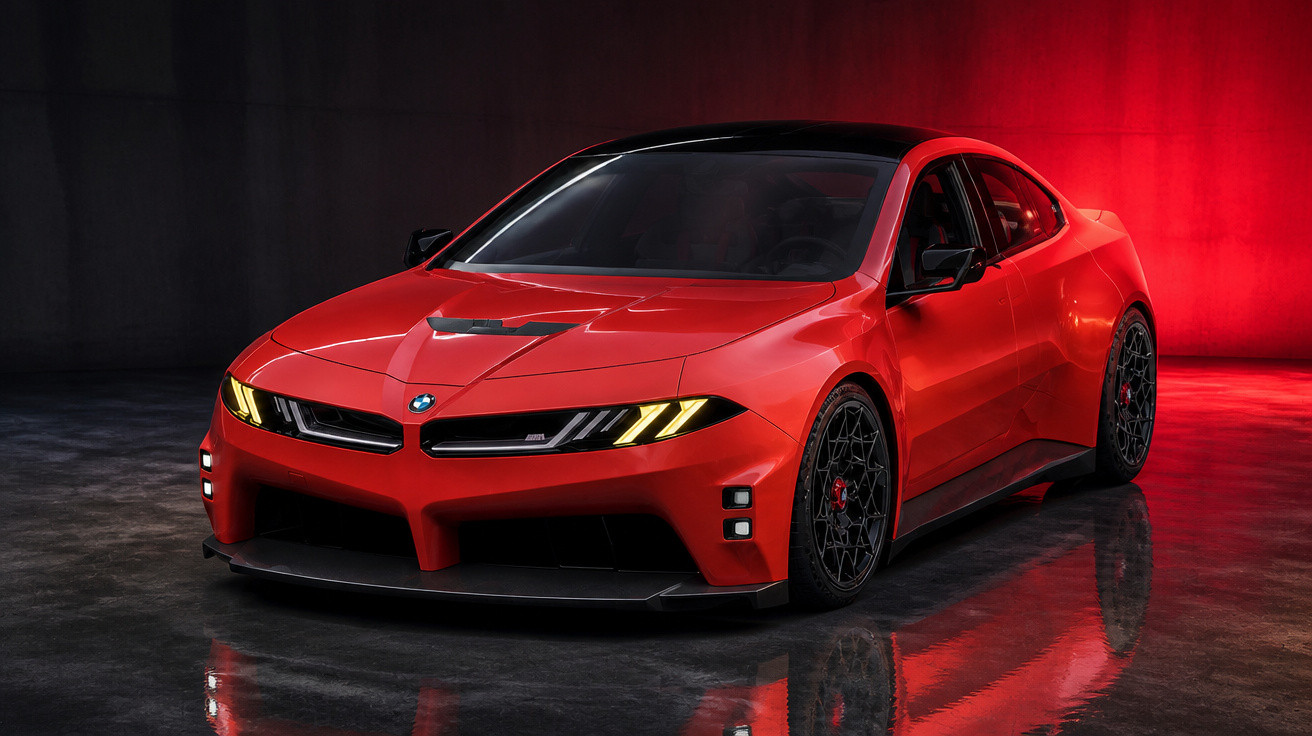 Carro esportivo BMW vermelho com teto preto, faróis com luzes diurnas amarelas e rodas pretas estilizadas.