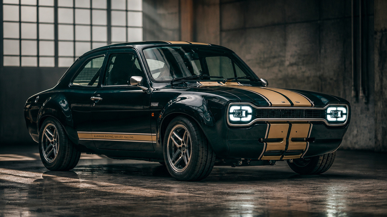 Carro esportivo clássico preto com faixas douradas em garagem escura, faróis dianteiros ligados e detalhes cromados.