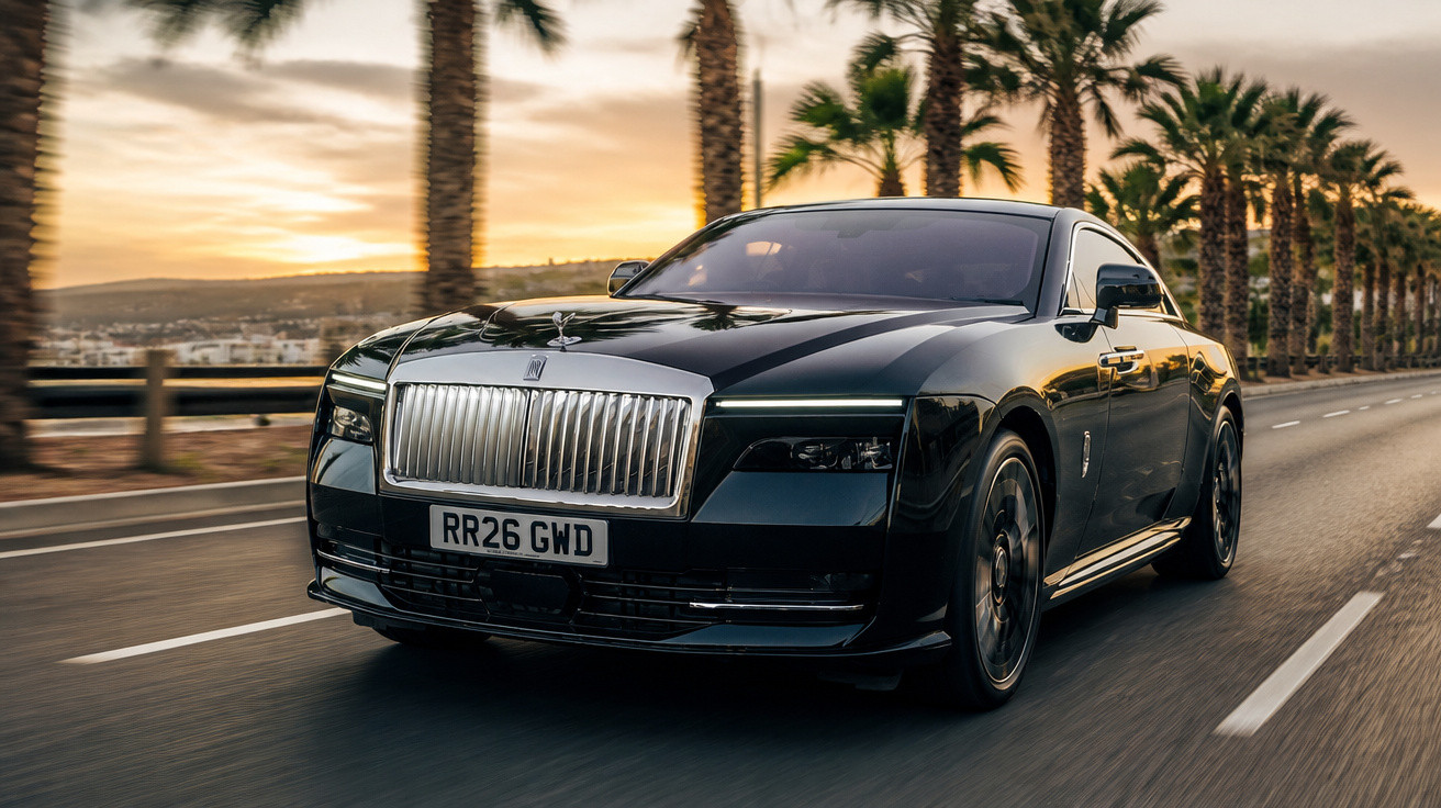 Carro de luxo preto Rolls-Royce Coupe dirigindo em estrada com palmeiras ao pôr do sol.