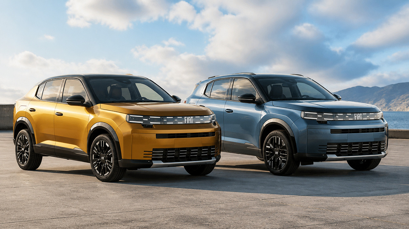 Dois SUVs Fiat com design moderno, um amarelo e outro azul, estacionados em área aberta com mar e montanhas ao fundo.