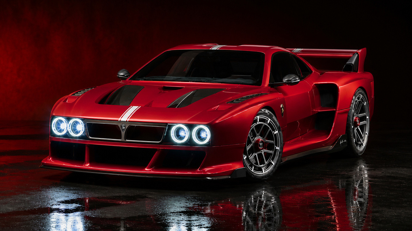 Carro esportivo vermelho com faixas brancas, faróis acesos e rodas prateadas em piso refletivo escuro.