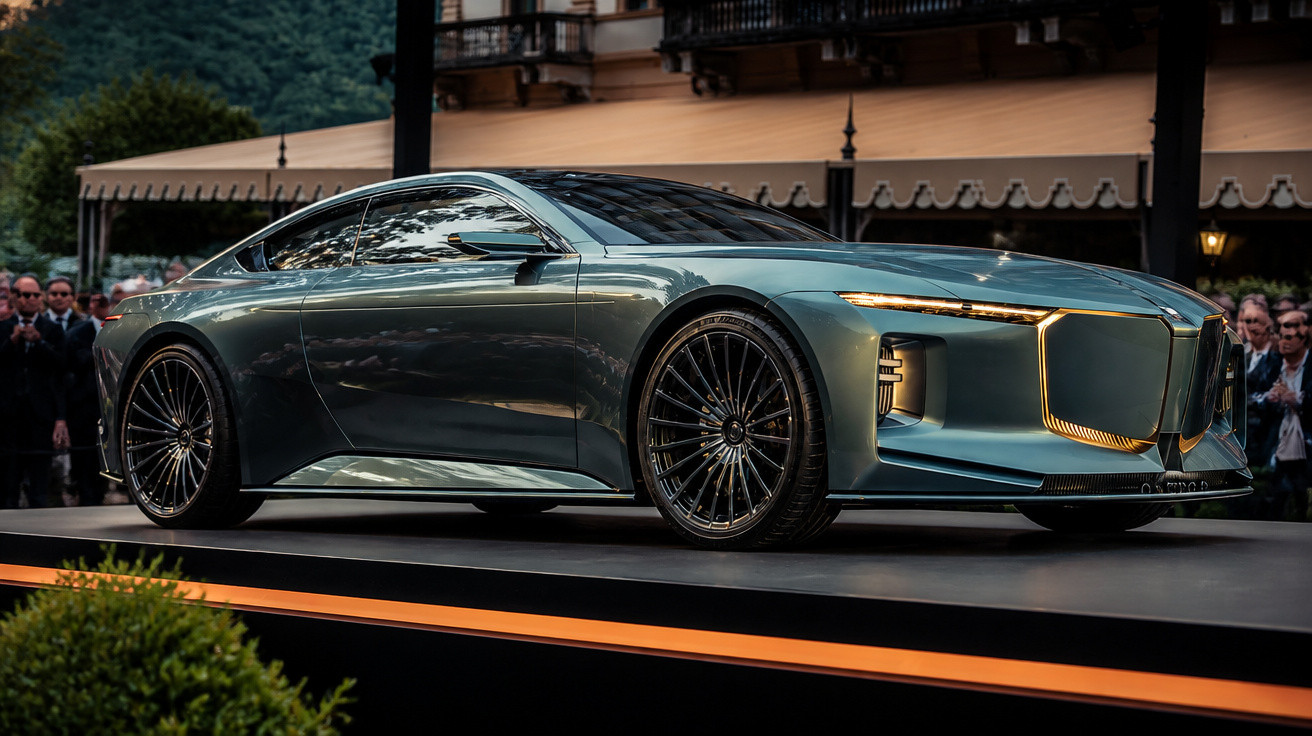 Carro esportivo azul metálico exibido em pedestal com rodas largas e linhas aerodinâmicas, em evento ao ar livre.