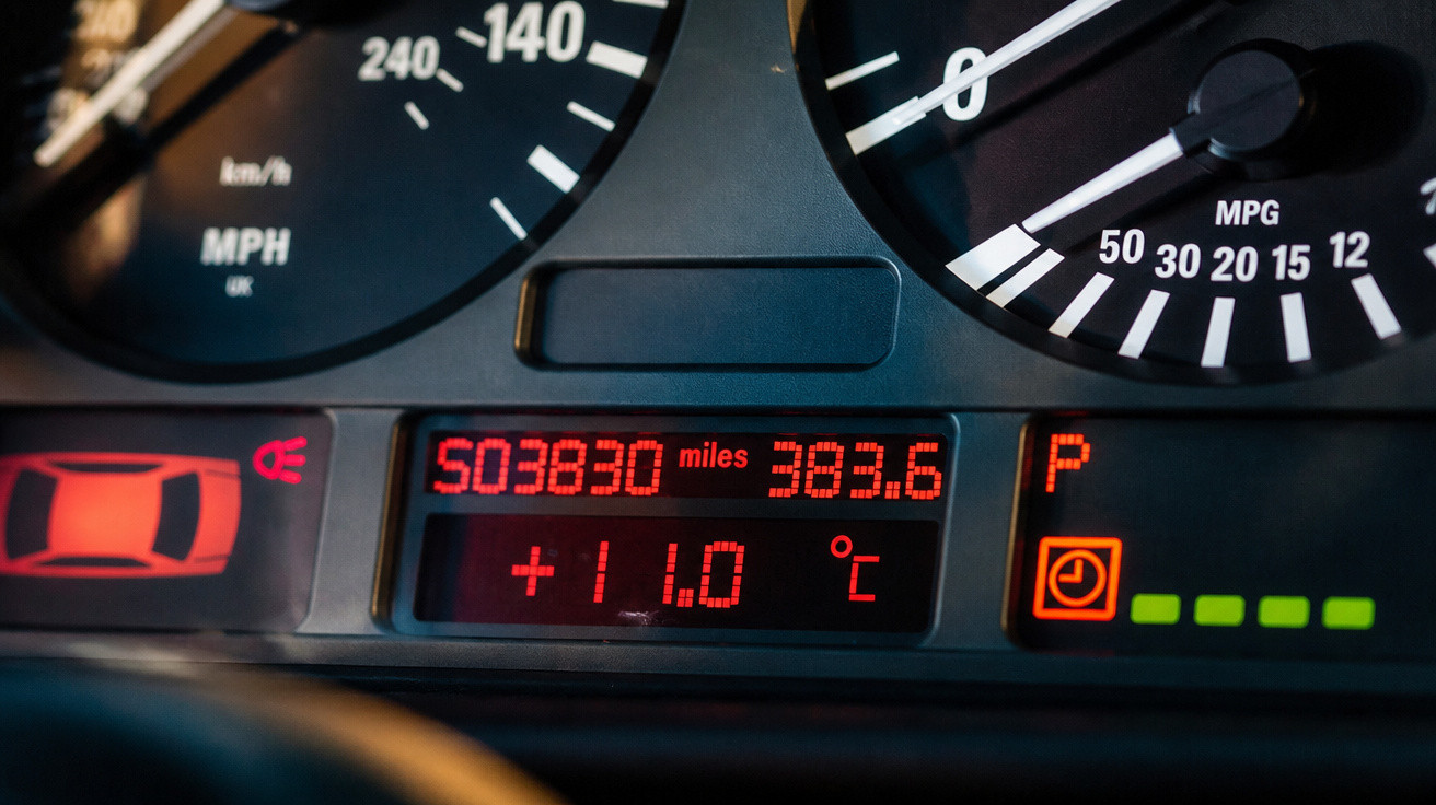 Painel de carro mostrando velocidade, quilometragem, temperatura externa de 11°C e indicadores iluminados.