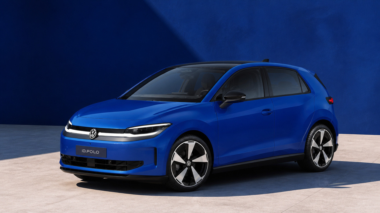 Carro elétrico azul Volkswagen ID. Polo estacionado com fundo azul, vista frontal lateral direita.