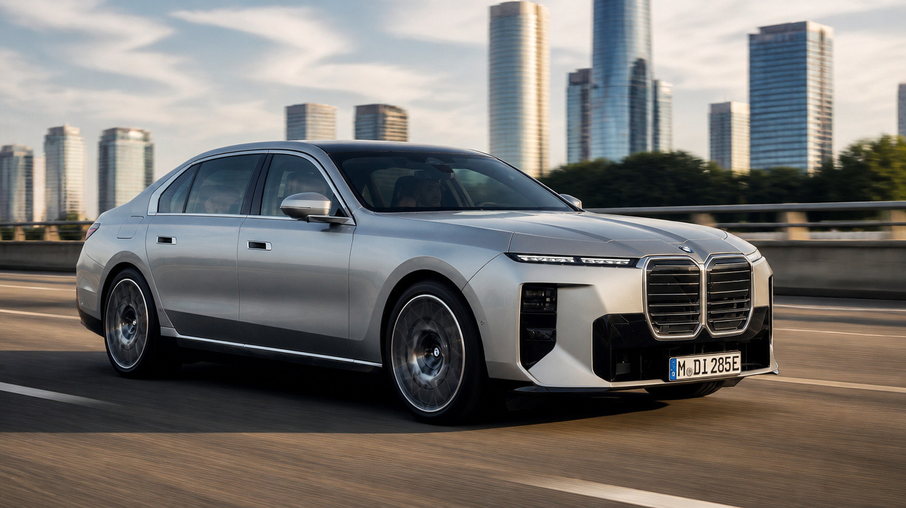 Carro sedan elétrico prata da BMW circulando em estrada urbana com prédios altos ao fundo.